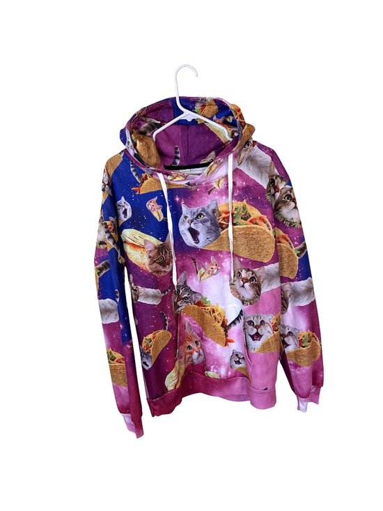 None Tops - Graphic Print Funny Cat Hoodie Taco Galaxy Pink Sweatshirt Large Unisex